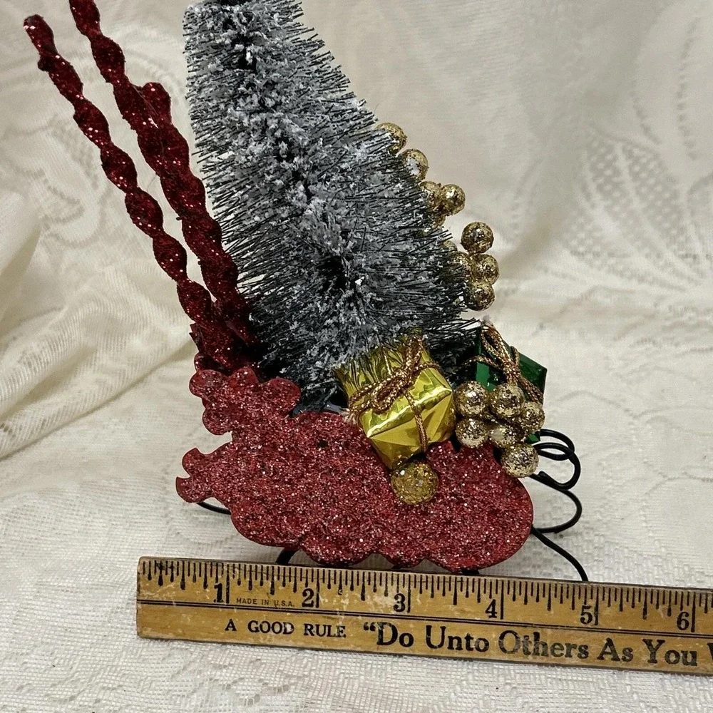 Vintage Tin Dept. 56 Sleigh‎ Red Glitter Brush Tree Christmas Assemblage Display